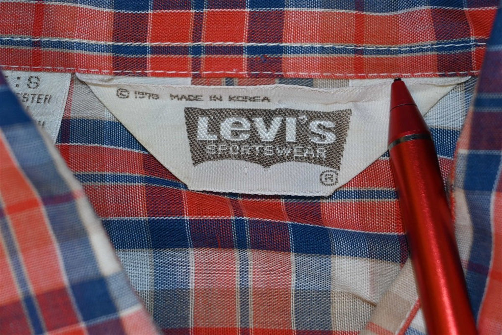 70s Levi's Big E Red Tan Blue Plaid Button Down Shirt Small product image 4