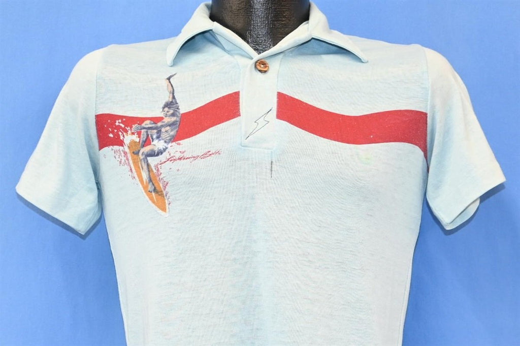 70s Lightning Bolt Surf Blue Wooden Button Polo Shirt Medium product image 1