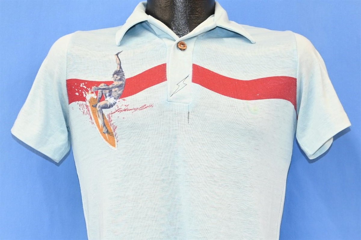 70s Lightning Bolt Surf Blue Wooden Button Polo Shirt Medium product image 1