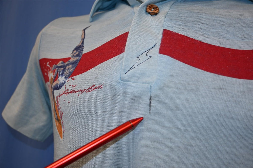 70s Lightning Bolt Surf Blue Wooden Button Polo Shirt Medium product image 3