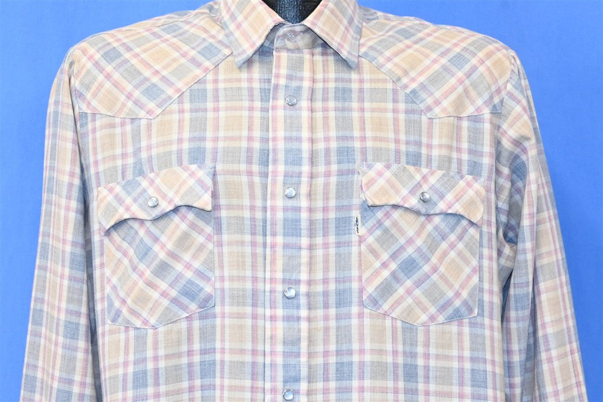 80s Levi's Yellow Blue Plaid Western Pearl Snap Shirt Large product image 1