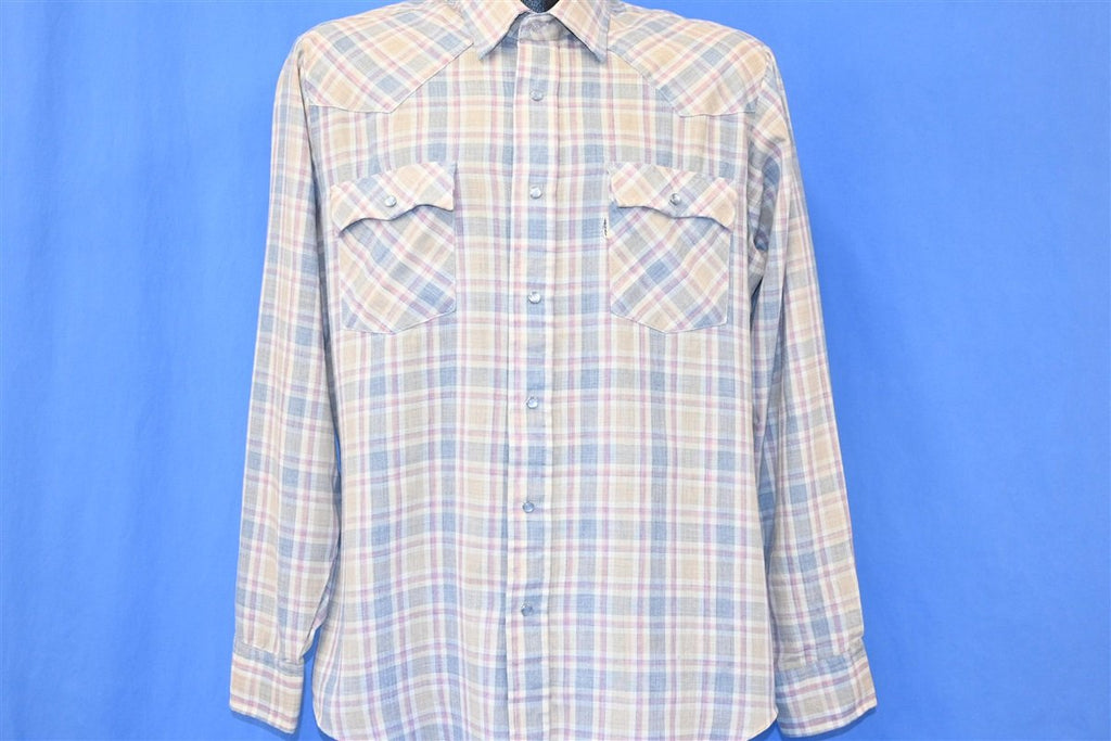 80s Levi's Yellow Blue Plaid Western Pearl Snap Shirt Large product image 2