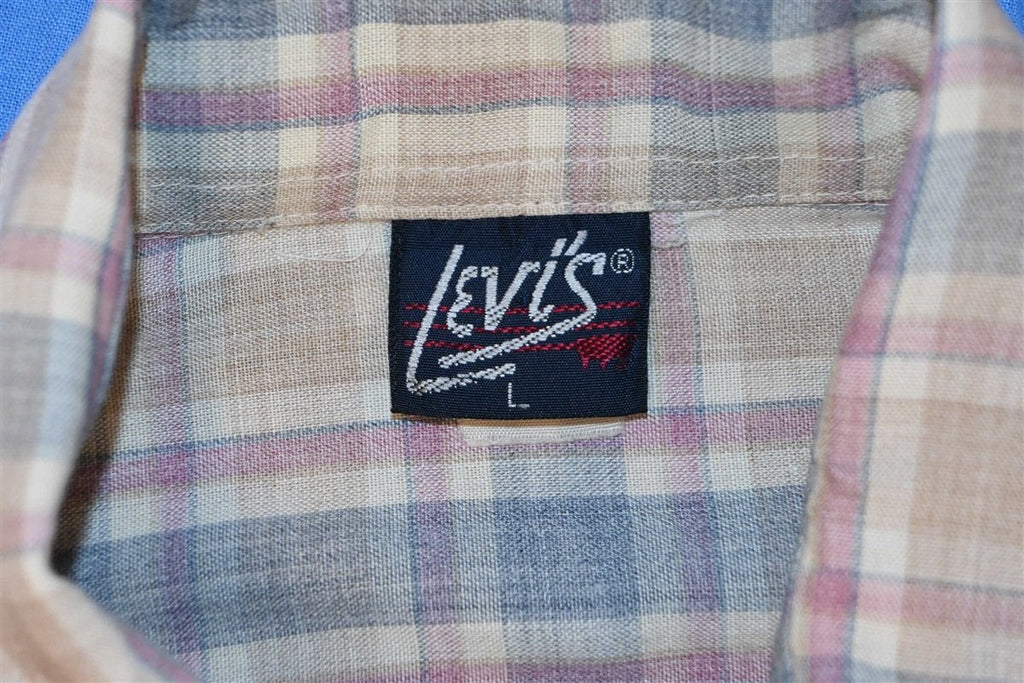 80s Levi's Yellow Blue Plaid Western Pearl Snap Shirt Large product image 5