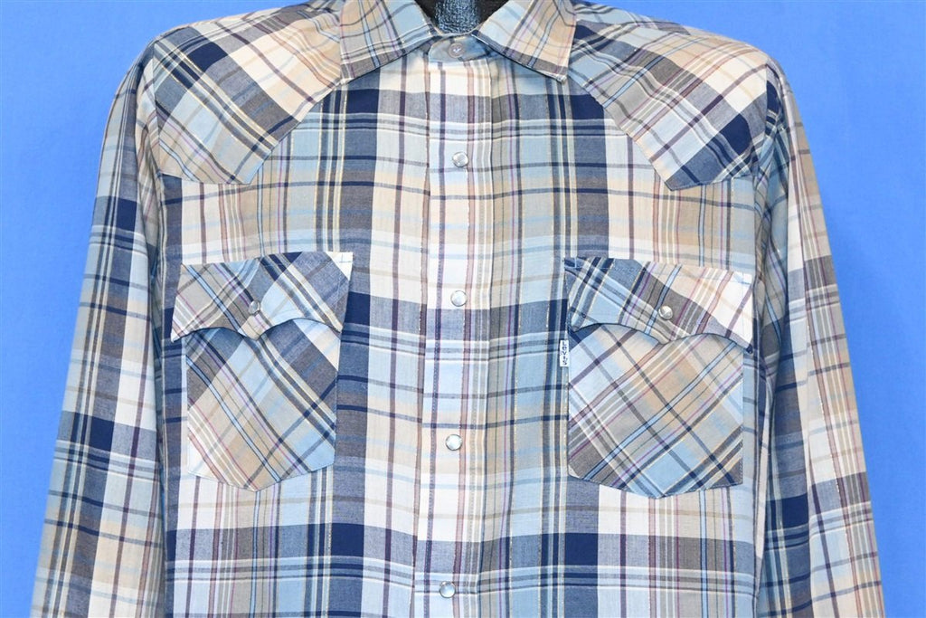 80s Levi's Blue Tan Plaid Western Pearl Snap Shirt Large product image 1