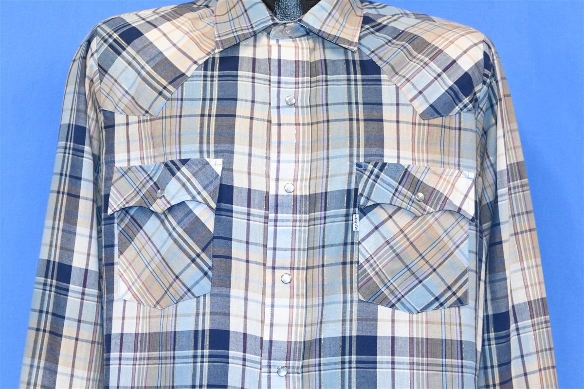 80s Levi's Blue Tan Plaid Western Pearl Snap Shirt Large product image 1