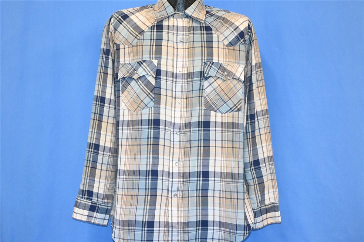 80s Levi's Blue Tan Plaid Western Pearl Snap Shirt Large product image 2