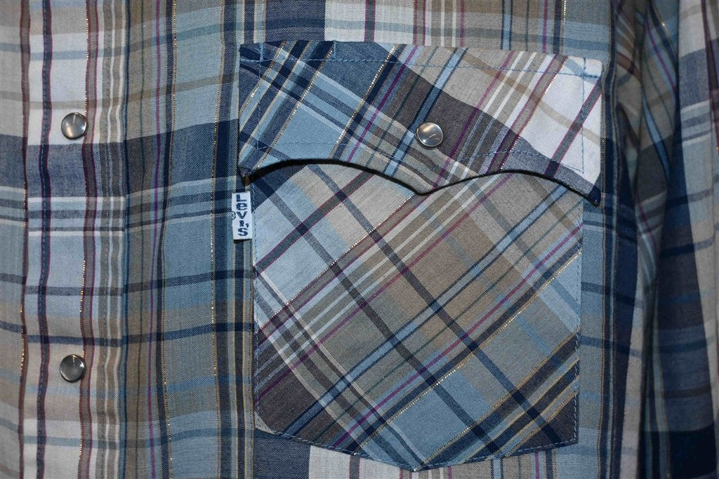 80s Levi's Blue Tan Plaid Western Pearl Snap Shirt Large product image 3