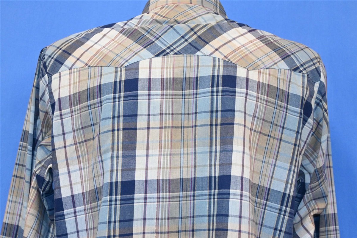80s Levi's Blue Tan Plaid Western Pearl Snap Shirt Large product image 4