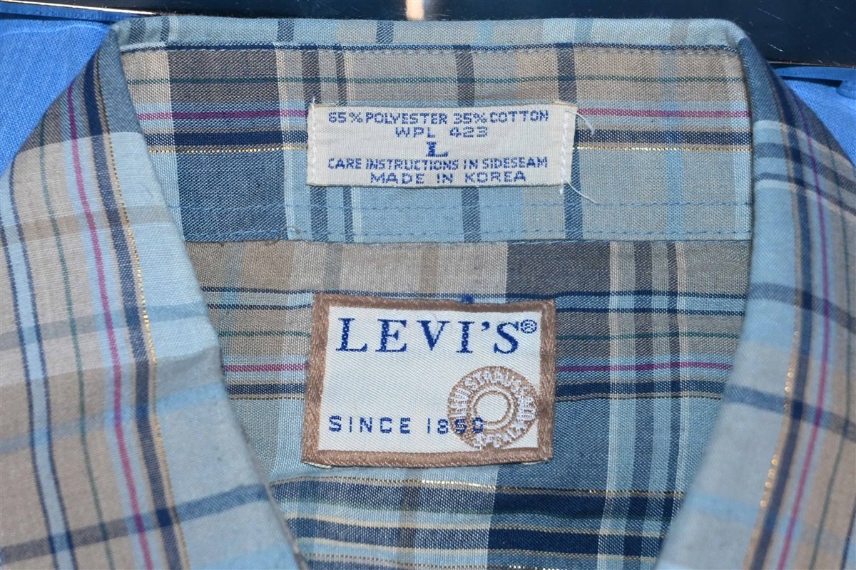 80s Levi's Blue Tan Plaid Western Pearl Snap Shirt Large product image 5