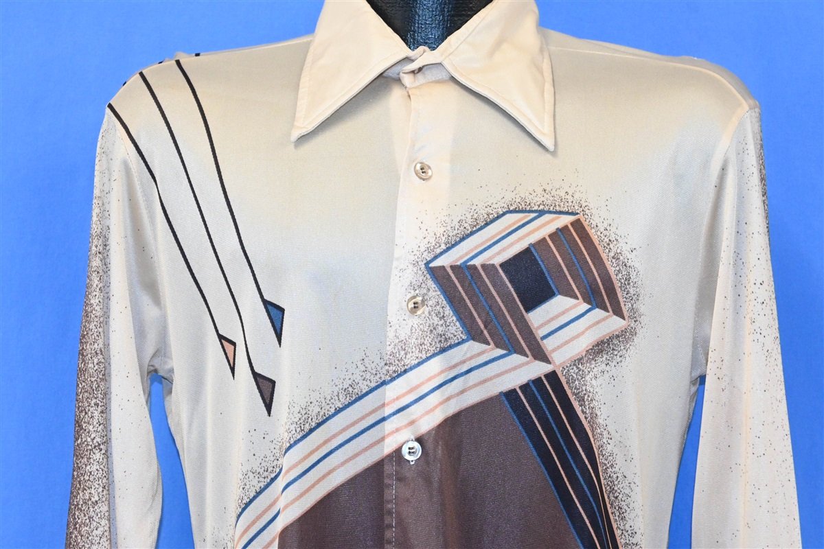 70s La Strada Brown Geometric Acetate Disco Shirt Small product image 1