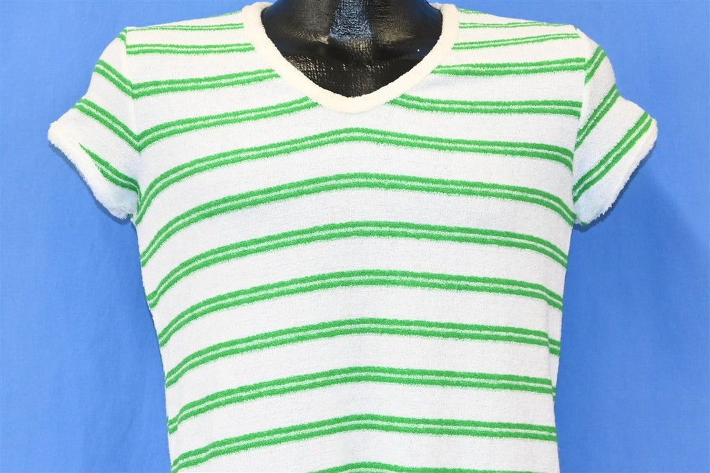 80s White Green Terry Cloth Striped Cap Sleeve t-shirt Small