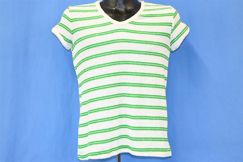 80s White Green Terry Cloth Striped Cap Sleeve t-shirt Small