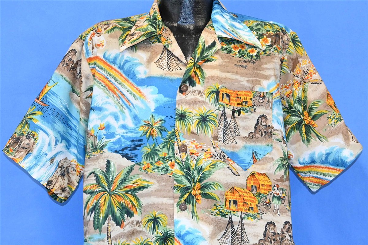 70s Hang Ten Rainbow Waterfall Scene Hawaiian Shirt Large product image 1