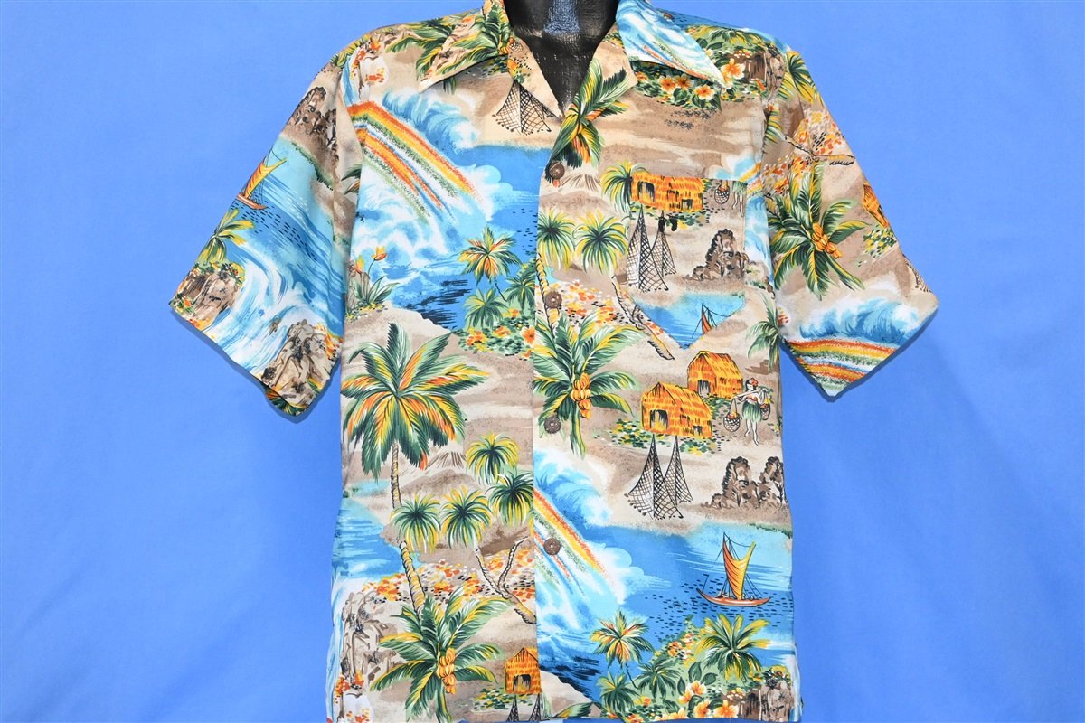 70s Hang Ten Rainbow Waterfall Scene Hawaiian Shirt Large product image 2