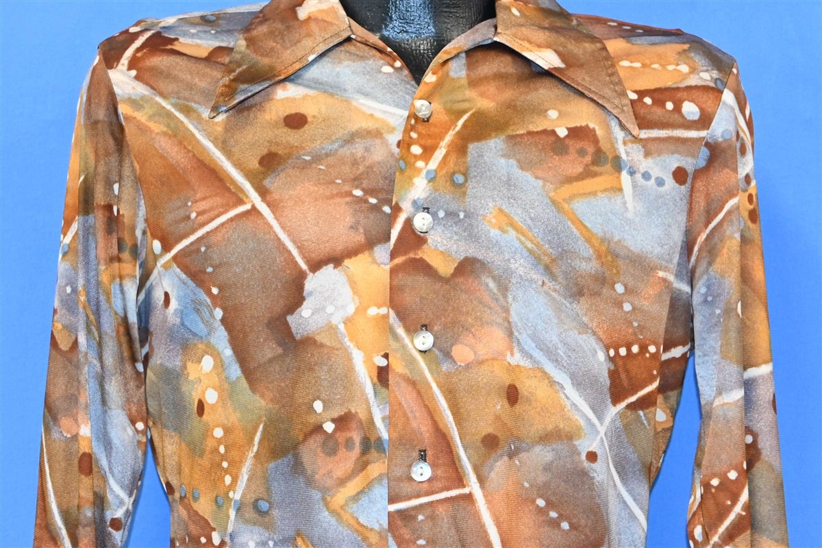 70s Accent Brown Gray Abstract Big Collar Disco Shirt Medium product image 1