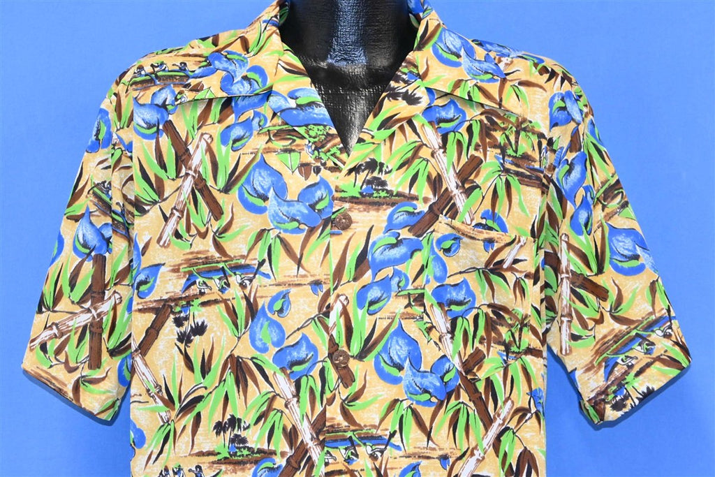 70s Hang Ten Gold Blue Floral Bamboo Hawaiian Shirt Large product image 1