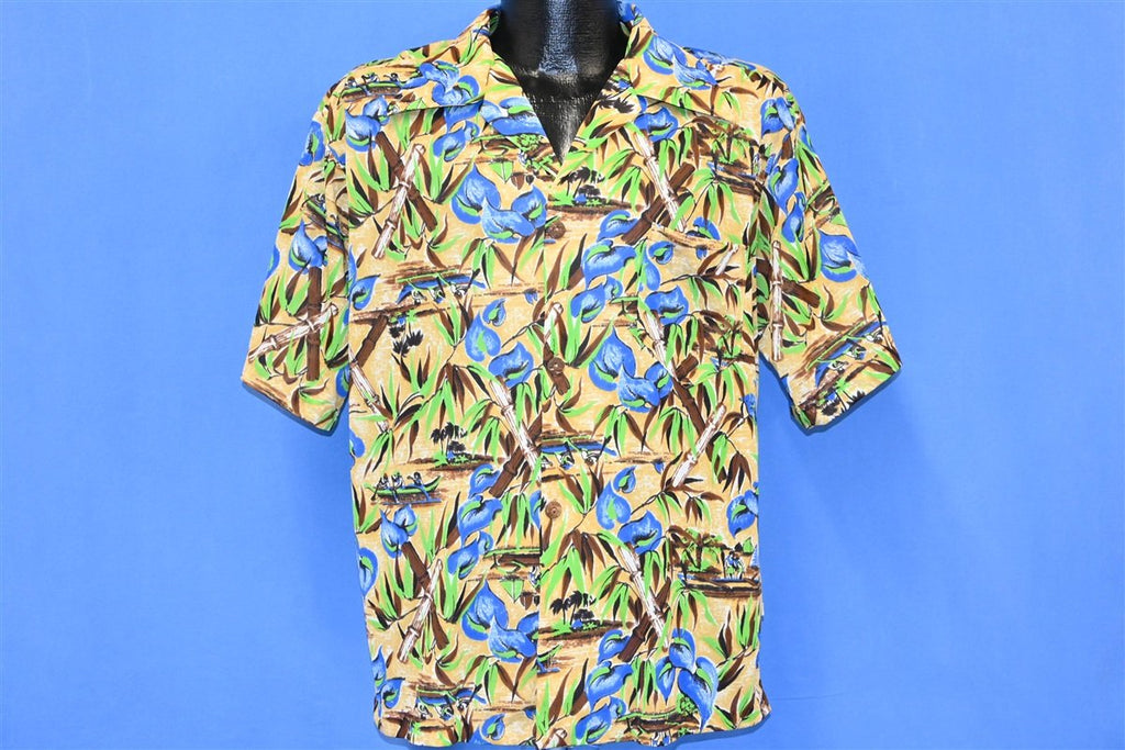70s Hang Ten Gold Blue Floral Bamboo Hawaiian Shirt Large product image 2
